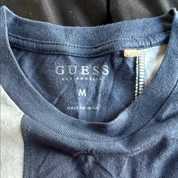 GUESS Men's Navy and White Tee with Orange Logo - Picture 2 of 3